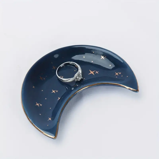 Ceramic Half Moon-Shaped Deep Blue Sky Jewelry Tray