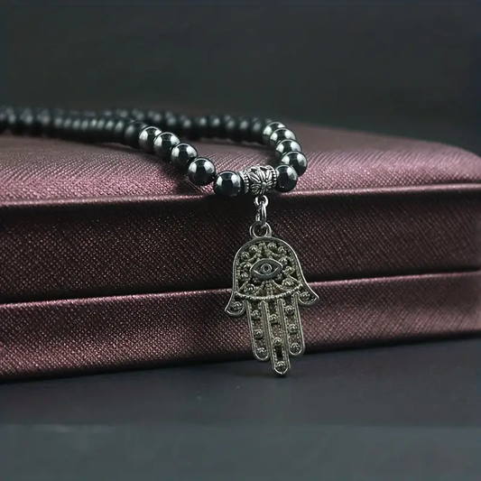 The Hamsa Hand Stone Beaded Metallic Pendant Necklace