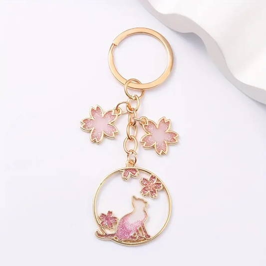 Sakura Flower Cat Glittering Metallic Alloy Keychain